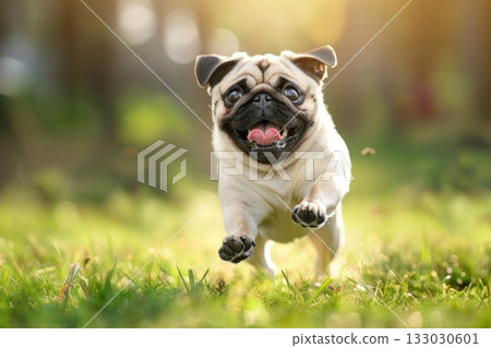 Happy pug dog running on a green meadow grass park Happy pug dog running on a green meadow grass park 133030601