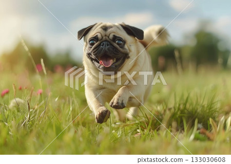 Happy pug dog running on a green meadow grass park Happy pug dog running on a green meadow grass park 133030608