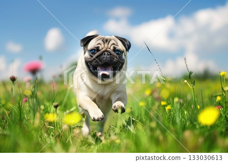 Happy pug dog running on a green meadow grass park Happy pug dog running on a green meadow grass park 133030613