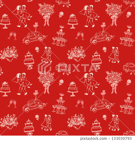 Vector seamless wedding pattern with bride and groom, cake, bouquet and romantic elements. Hand-drawn black and white illustration. 133030793