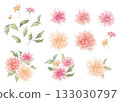 Watercolor floral set with chrysanthemum bouquets and leaves. Hand-painted flower elements in soft pastel colors perfect for wedding design, invitations, cards and decor. 133030797