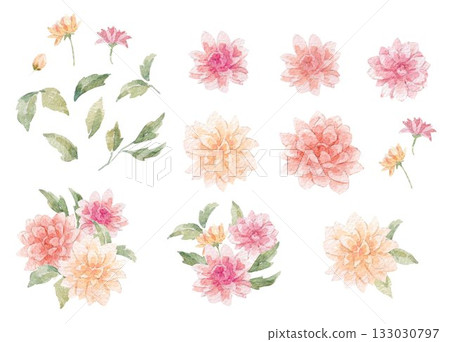 Watercolor floral set with chrysanthemum bouquets and leaves. Hand-painted flower elements in soft pastel colors perfect for wedding design, invitations, cards and decor. 133030797