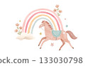 Cute watercolor horses and rainbow illustration. Pastel farm animals with flowers, clouds and stars perfect for baby nursery prints, kids decor, wall art and children's room design. 133030798