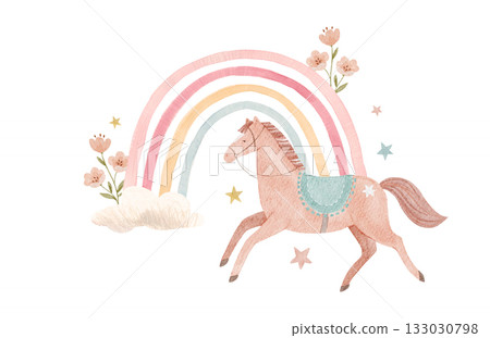 Cute watercolor horses and rainbow illustration. Pastel farm animals with flowers, clouds and stars perfect for baby nursery prints, kids decor, wall art and children's room design. 133030798