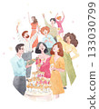 Watercolor illustration of a cheerful party with people celebrating, drinking champagne and dancing. Festive holiday scene perfect for invitations, posters, cards and event design. 133030799