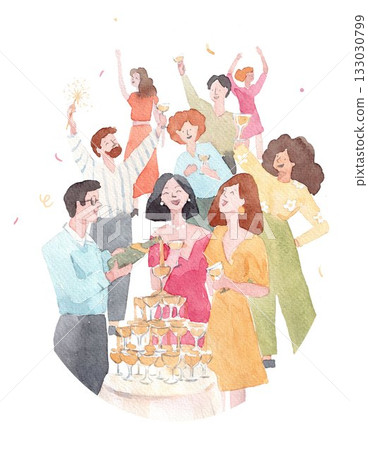Watercolor illustration of a cheerful party with people celebrating, drinking champagne and dancing. Festive holiday scene perfect for invitations, posters, cards and event design. Watercolor illustration of a cheerful party with people celebrating, drinking champagne and dancing. Festive holiday scene perfect for invitations, posters, cards and event design. 133030799