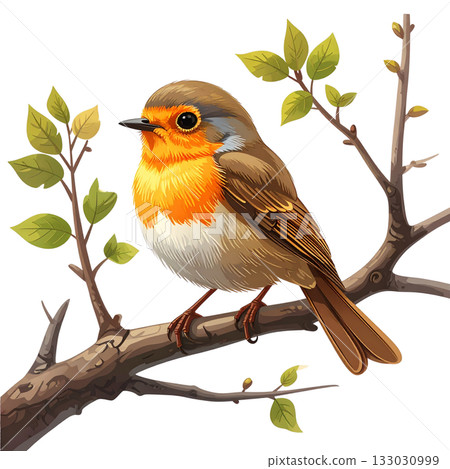 A colorful red-backed bird perches on a branch on a white background. A colorful red-backed bird perches on a branch on a white background. 133030999