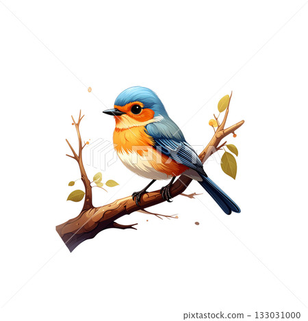 A colorful red-backed bird perches on a branch on a white background. 133031000