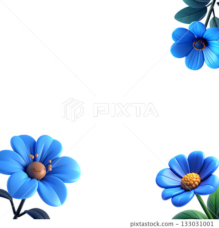 Blue floral frame and floral border in nature with blooming flowers in spring. 133031001