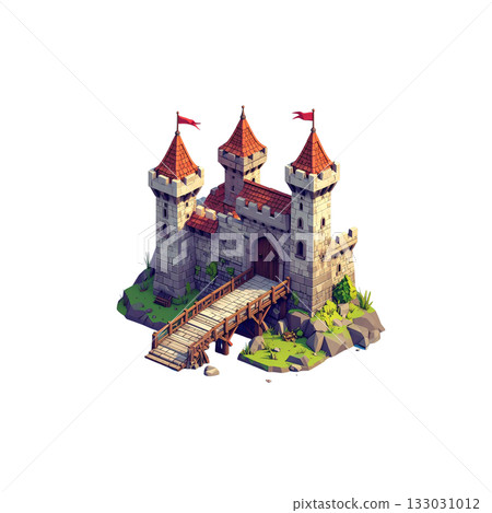 Fairytale castle on a hill in the snow. Fortress architecture illustration on white background. 133031012