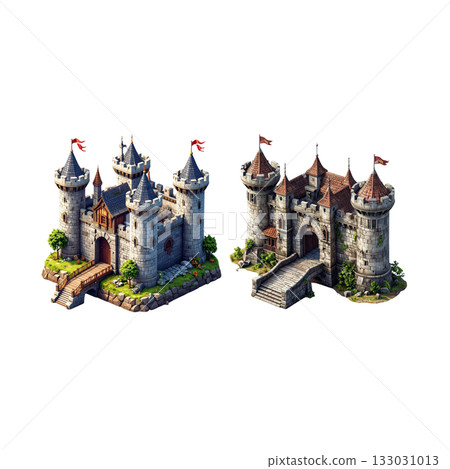 Fairytale castle on a hill in the snow. Fortress architecture illustration on white background. 133031013