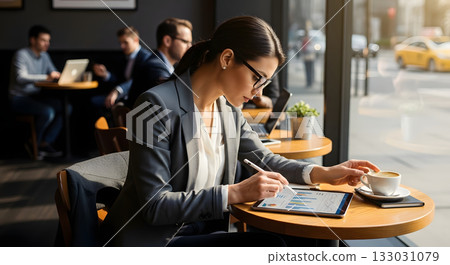 Business woman operating a tablet in a cafe Business woman operating a tablet in a cafe 133031079