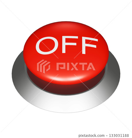 一個圓形按鈕的三維圖形插圖，上面寫著「OFF」字樣。透明紅色開關 133031188