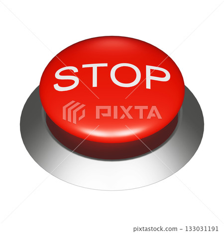 3DCG 圖形,圓形按鈕上寫著「STOP」字樣。透明紅色開關材料 3DCG 圖形,圓形按鈕上寫著「STOP」字樣。透明紅色開關材料 133031191