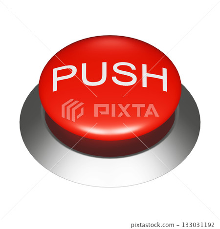 一個圓形按鈕的3DCG插圖，上面寫著「PUSH」字樣。透明紅色開關材料 133031192