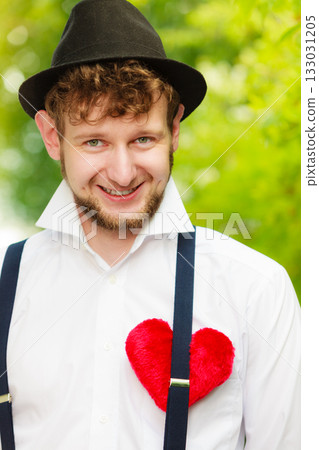 young man retro style with red heart on chest young man retro style with red heart on chest 133031205