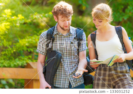 Hiking backpacking couple reading map on trip. Hiking backpacking couple reading map on trip. 133031252