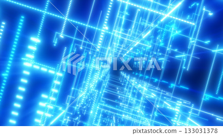 Abstract 3D tunnel with bright blue glowing lines forming a digital grid of futuristic light structures 133031378