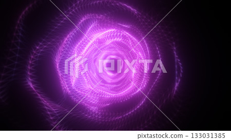 Purple digital tunnel with glowing mesh lines forming a hypnotic swirling center Purple digital tunnel with glowing mesh lines forming a hypnotic swirling center 133031385
