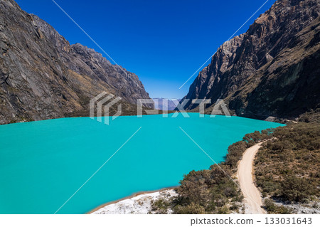 Aerial view of the Llanganuco Lagoon, Ancash. 133031643