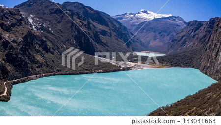 Aerial view of the Llanganuco Lagoon, Ancash. 133031663