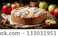 Sponge cake  with apples on wooden table. Homemade bakery concept for background and wallpaper. 133031951