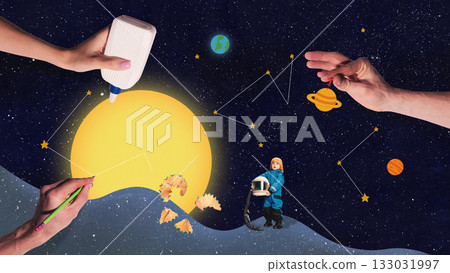 Hands building sun and constellations with crafting tools and small child astronaut help 133031997