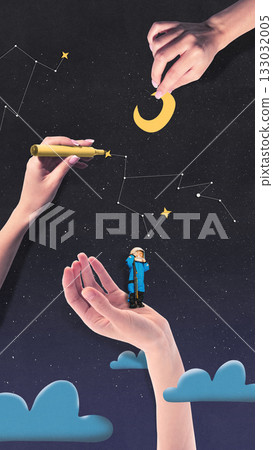 Modern space poster. Child astronaut standing on helping hand under drawn constellations 133032005