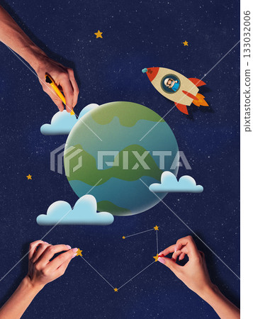 Graphic composition. Hands drawing clouds and stars above paper Earth with rocket 133032006