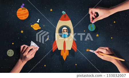 Digital artwork. Small rocket with child astronaut among paper planets and stars 133032007