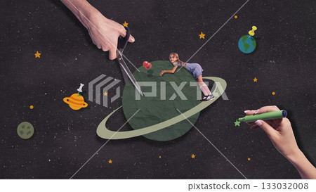 Girl standing on paper planet in surreal handmade universe 133032008