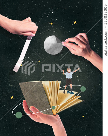 Boy balancing on orbit above open book in cosmic composition 133032009