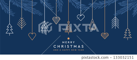 merry christmas card with hanging decoration in form of tree and heart vector illustration 133032151