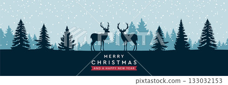 christmas winter border with deer in forest vector illustration 133032153