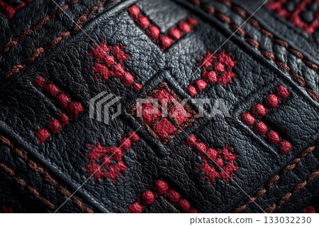 Intricate Red Embroidery Weaves Through Rich Black Leather, Creating a Stunning Contrast 133032230