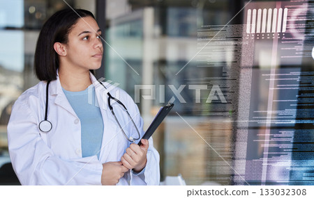 Doctor data, digital overlay and woman healthcare worker with hospital stats and analytics. Clinic, wellness and health research hologram with a female employee checking laboratory software results 133032308