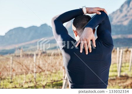 Man, stretching before run and fitness outdoor, back view with hiking or running in countryside, exercise and warm up. Arms, muscle and strong male runner, start with race for marathon or trekking 133032334
