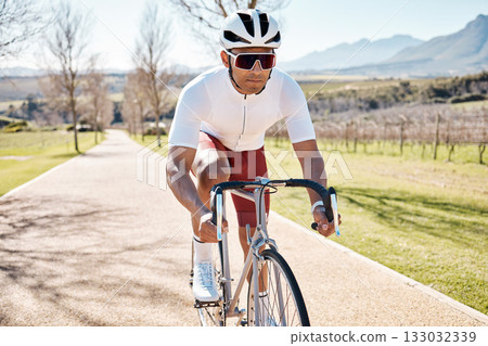 Man, professional athlete and cycling in nature, park path or exercise training of triathlon sports in Cape Town. Cyclist, bicycle and outdoor bike in summer, fitness challenge and cardio performance Man, professional athlete and cycling in nature, park path or exercise training of triathlon sports in Cape Town. Cyclist, bicycle and outdoor bike in summer, fitness challenge and cardio performance 133032339