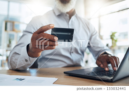 Man, business credit card and hands on laptop for ecommerce, finance or accounting in office. Closeup worker, computer and financial payment of budget, fintech trading or digital online economy Man, business credit card and hands on laptop for ecommerce, finance or accounting in office. Closeup worker, computer and financial payment of budget, fintech trading or digital online economy 133032441