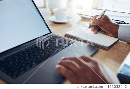 Hands, laptop and man writing notes for business schedule, office administration and reminder. Closeup worker, computer planning and notebook of ideas, information and strategy planner at table Hands, laptop and man writing notes for business schedule, office administration and reminder. Closeup worker, computer planning and notebook of ideas, information and strategy planner at table 133032442