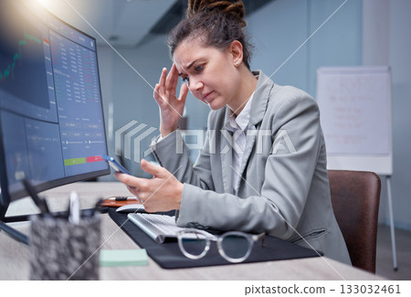 Sad, stock market and stress business woman lose or fail or disappointed in trading and frustrated in office with a headache. Employee, burnout and corporate worker depressed by data or crypto crash Sad, stock market and stress business woman lose or fail or disappointed in trading and frustrated in office with a headache. Employee, burnout and corporate worker depressed by data or crypto crash 133032461