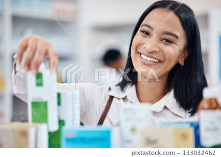 Pharmacy portrait, happy woman and customer shopping for medicine, supplements product or drugs store pharmaceutical. Retail hospital shop, clinic pills and client face for medical healthcare choice 133032462