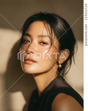 Portrait of a woman with bare skin shining in natural light | A sophisticated expression that exudes beauty and confidence 133032524