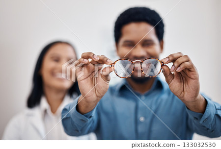 Medical, eye care and vision with black man and glasses for you for decision, retail and optometry. Choice, frames and ophthalmology with doctor and patient for consulting, shopping and healthcare Medical, eye care and vision with black man and glasses for you for decision, retail and optometry. Choice, frames and ophthalmology with doctor and patient for consulting, shopping and healthcare 133032530