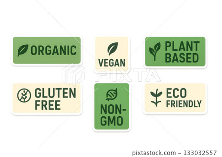 Organic vegan plant-based food label stickers on transparent background 133032557