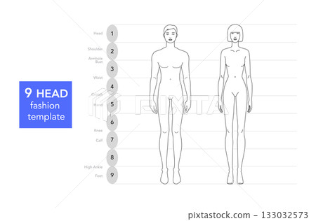 Vector illustration of a 9 head man and woman, front view. Perfect for fashion sketches, anatomy reference, and style Vector illustration of a 9 head man and woman, front view. Perfect for fashion sketches, anatomy reference, and style 133032573