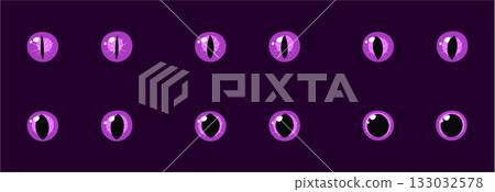 Set of purple glowing eyes dark background fantasy magic cartoon animal reptile feline mammal monster demon Set of purple glowing eyes dark background fantasy magic cartoon animal reptile feline mammal monster demon 133032578