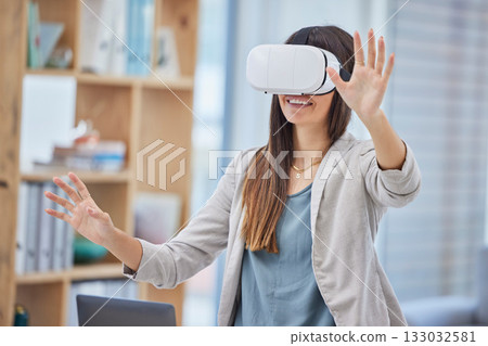 Vr, virtual reality and business woman in office exploring metaverse with digital technology. 3d, ai and happy female employee with futuristic headset for gaming, web browsing or fantasy simulation. 133032581