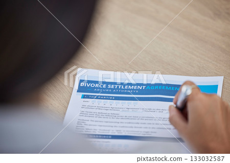 Divorce documents, sign and woman hands for agreement, contract and legal paperwork on desk. Paper, breakup and marriage signature of person writing law information on print document and decision Divorce documents, sign and woman hands for agreement, contract and legal paperwork on desk. Paper, breakup and marriage signature of person writing law information on print document and decision 133032587