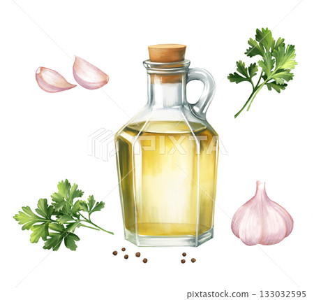 Hand-drawn Illustration of a glass bottle of olive oil and fresh garlic cloves, parsley, peppercorns. Design for restaurant menu decor, healthy food packaging, recipe card 133032595